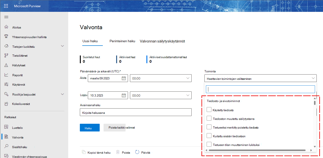 Näyttökuva valvontalokien käyttöliittymästä