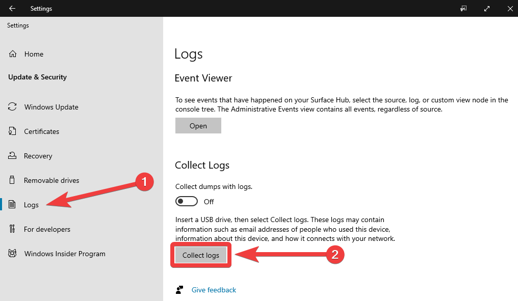 Access logs from Surface Hub