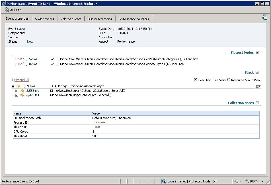 Screenshot showing the Application Diagnostics Event properties tab.