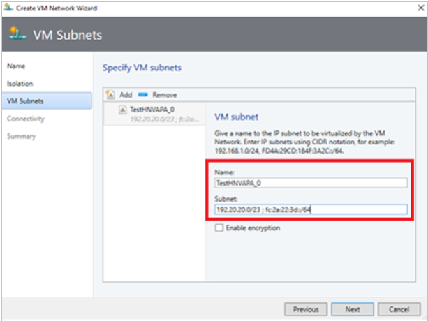 Screenshot of VM Subnets.