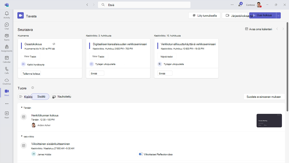 Screenshot showing the many options for reviewing and managing past and upcoming meetings in the Meet app in Microsoft Teams for Education.