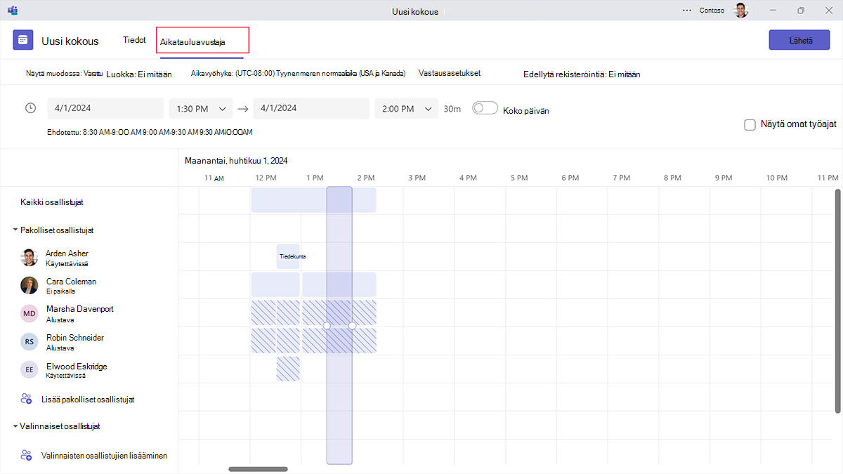 Screenshot showing how Microsoft Teams's Scheduling Assistant helps find a time what works for all meeting attendees.