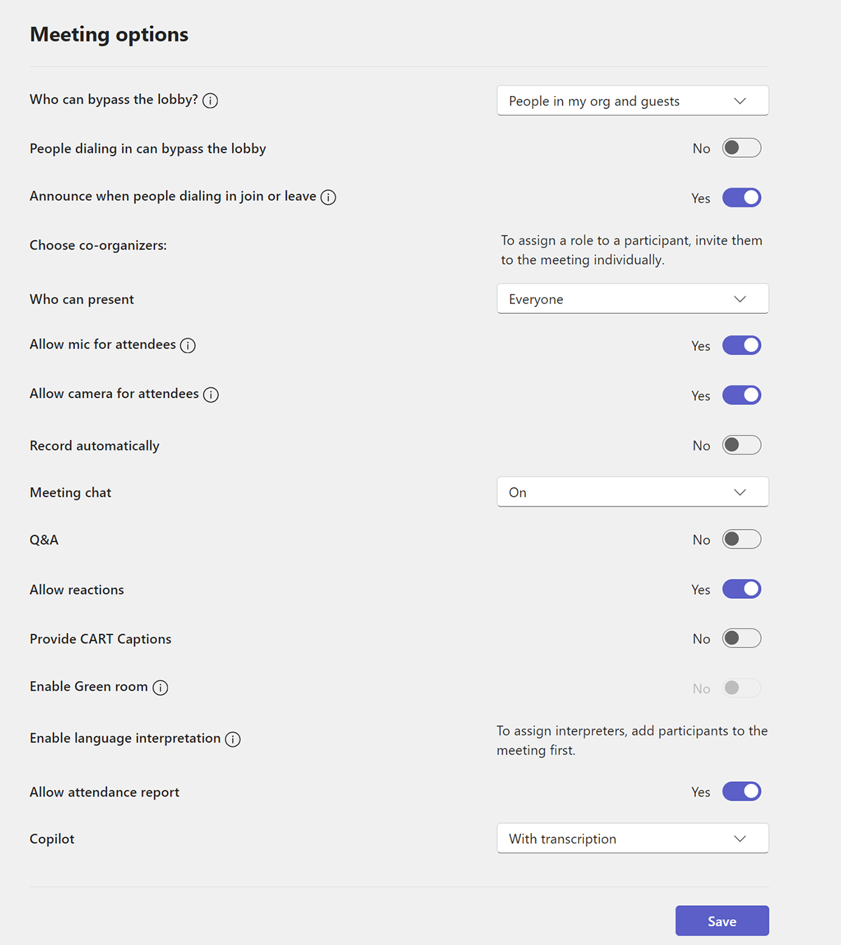 Screenshot of meeting options that can be pre-configured after scheduling in Outlook.