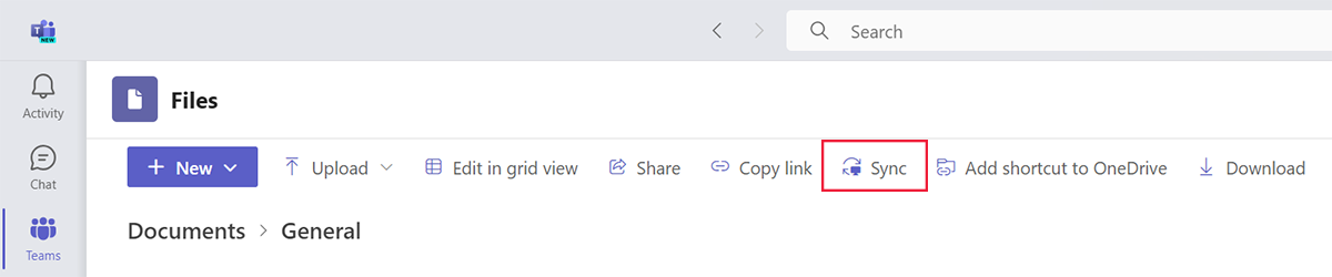 Screenshot of the Files tab and sync icon in Microsoft Teams.