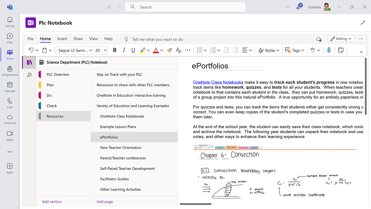 Screenshot of a PLC OneNote Notebook in Microsoft Teams for Education opened to the resources section.