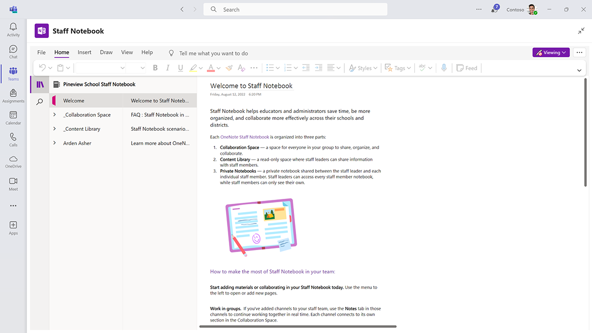 Screenshot of the Welcome page of a Staff OneNote Notebook in Microsoft Teams for Education.