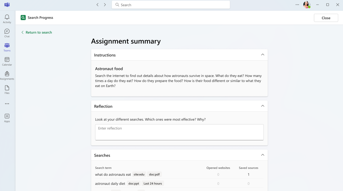 Screenshot of the Search Progress assignment summary screen.