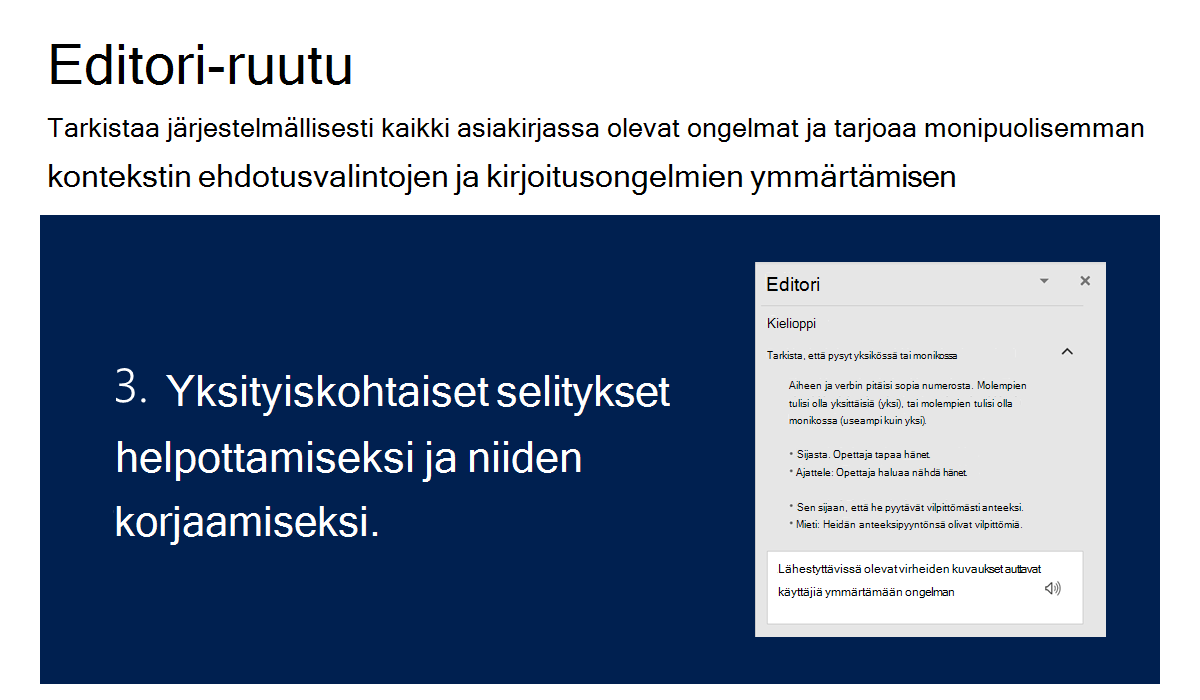 Kuva, jossa näkyy editoriruutu, antaa yksityiskohtaisia selityksiä ongelmien kirjoittamiseen ja niiden korjaamiseen.