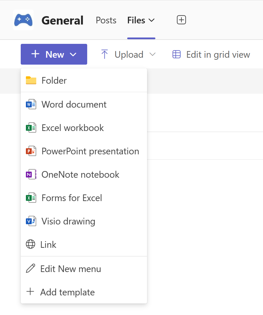 Screenshot of types of documents available in the Files tab in Microsoft Teams.