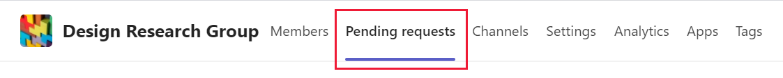 Screenshot of the pending requests tab in the manage team menu in Microsoft Teams.