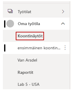 Palvelun vasemmalla puolella olevan valikon näyttökuva, Power BI jossa on dashboard-sivu.