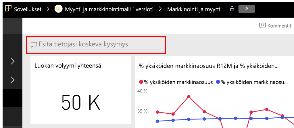 Q&A-kentän näyttökuva, jossa voit esittää tietojasi kysymyksen.