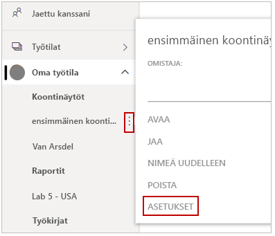 Omat työtilat - Asetukset-vaihtoehdon näyttökuva.
