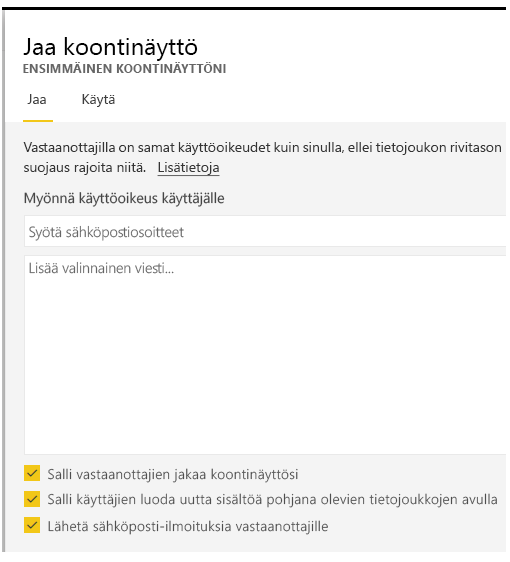 Jaa dashboard -valintaikkunan näyttökuva.