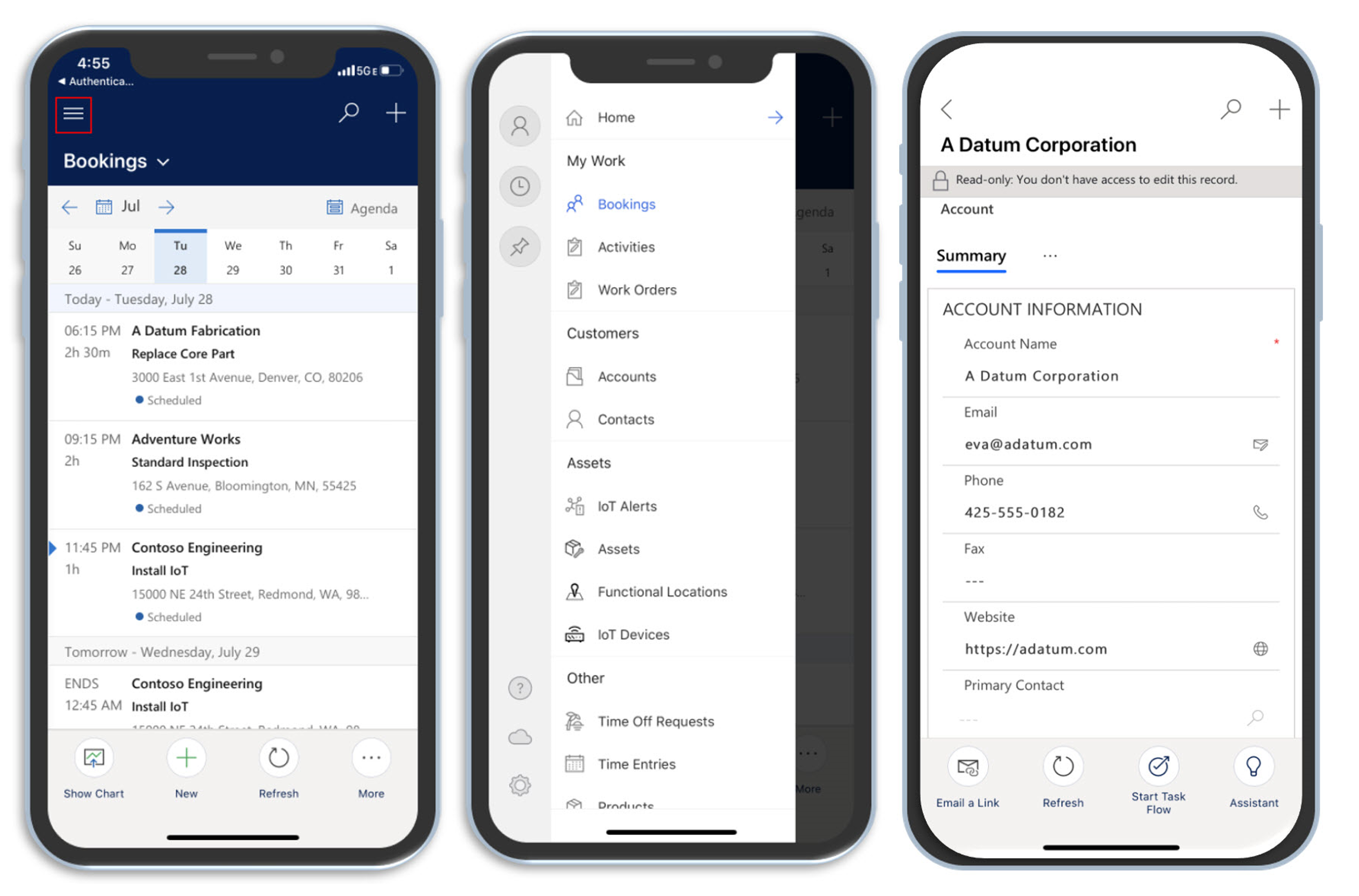 Screenshots of the Bookings, My Work, and Account screens in the Dynamics 365 mobile app.