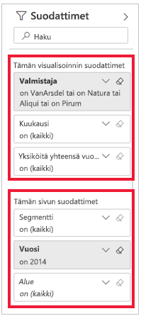 Näyttökuva Suodattimet-ruudusta, kun Suodattimet on korostettu tällä sivulla.