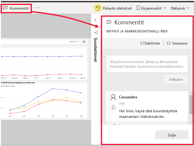 Jaetun dashboard-esimerkin näyttökuva, joka sisältää kommentin.