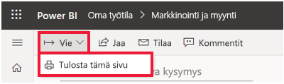 Näyttökuva Laajennettu tiedosto Power BI -valikosta ja Tulosta tämä sivu korostettuna.