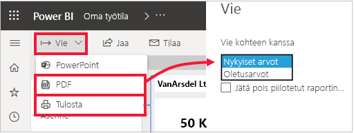 Laajennettu vientivalikko Power BI ja PDF-vaihtoehto korostettuna.