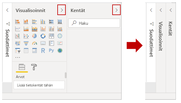 Voit tiivistää tai laajentaa visualisointeja ja kenttiä.