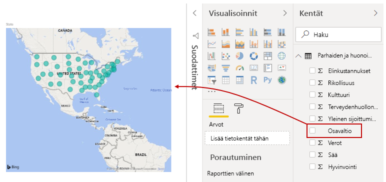 Luo visuaalinen vetämällä kenttä Raporttinäkymään, jossa voit luoda visuaalisen näkymän.