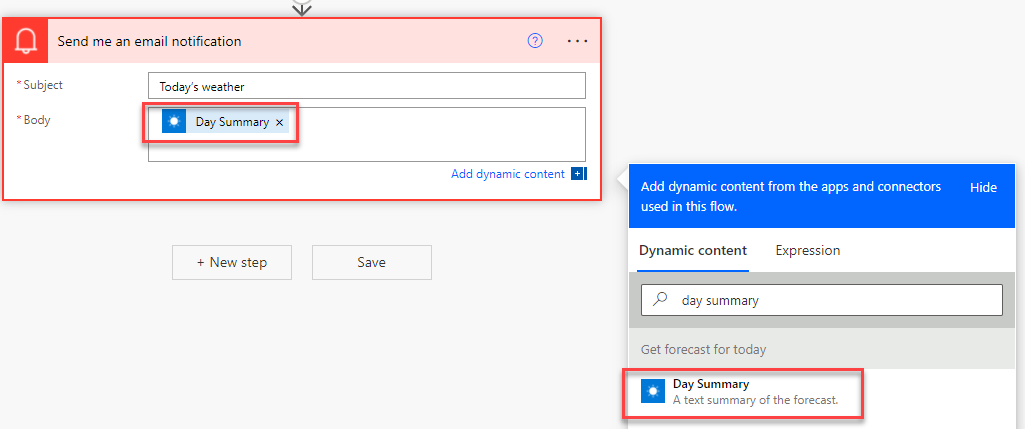 Screenshot of the Send me an email notification flow step.