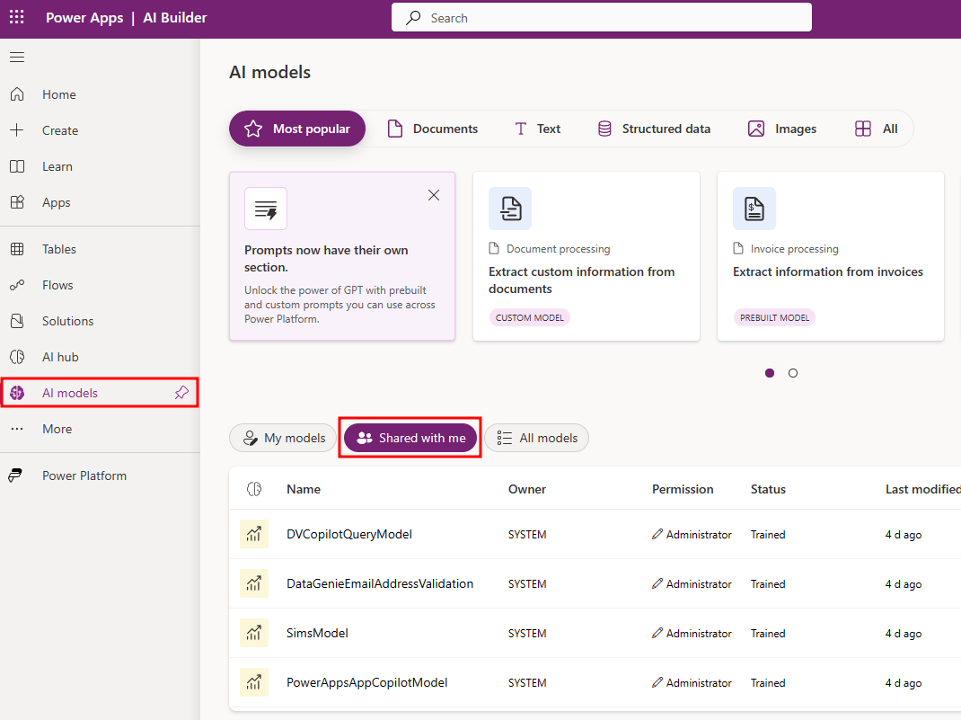 Screenshot of the AI models page with the Shared with me tab highlighted.