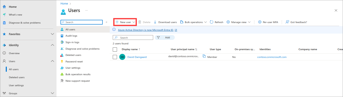 Screenshot showing the New User button highlighted in the Microsoft Entra admin center.