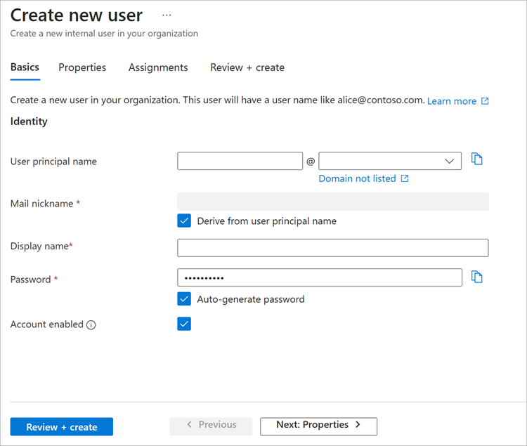 Screenshot showing the New user dialog.