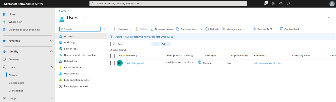 Screenshot that depicts the All users pane, with the User type and Identities columns noted.