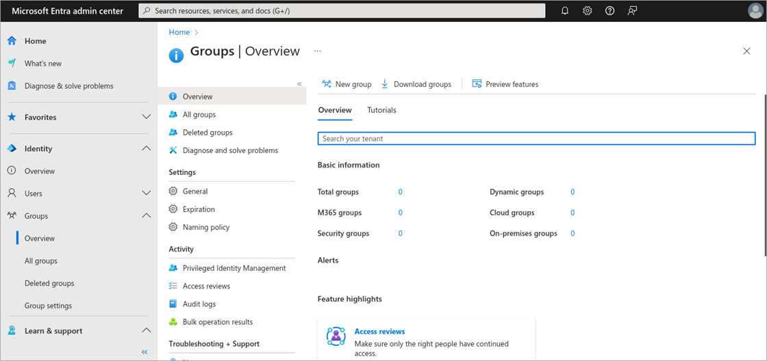 Screenshot of the Groups Overview pane in Microsoft Entra admin center.