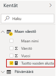 Uusi Tuotto vuoden alusta -kenttä Kenttä-ruudussa.