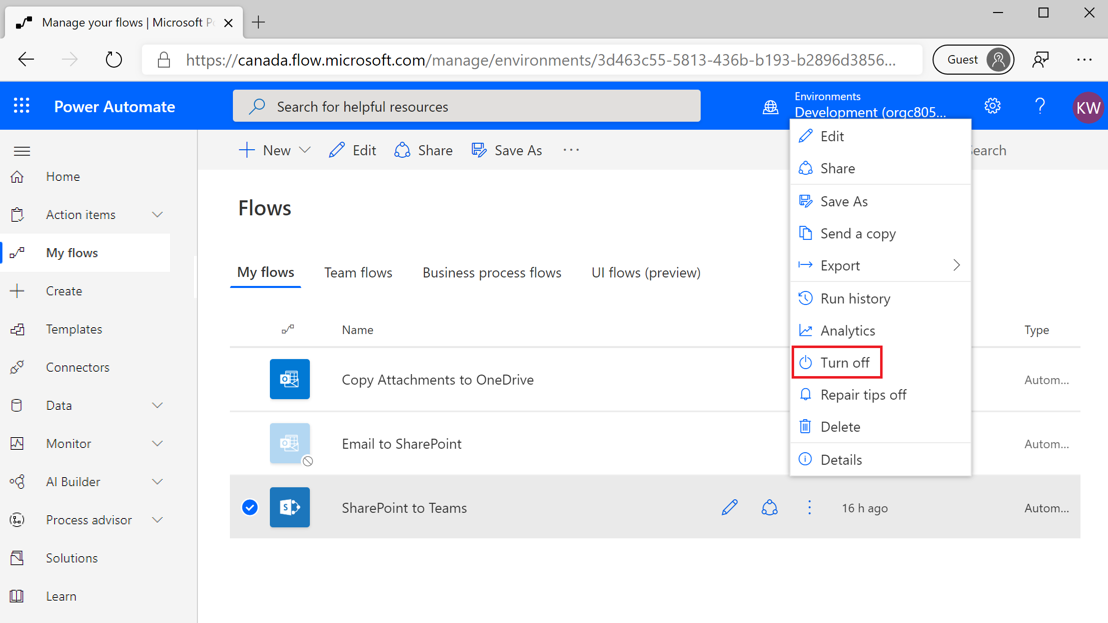 Screenshot of the Power Automate enable flow.