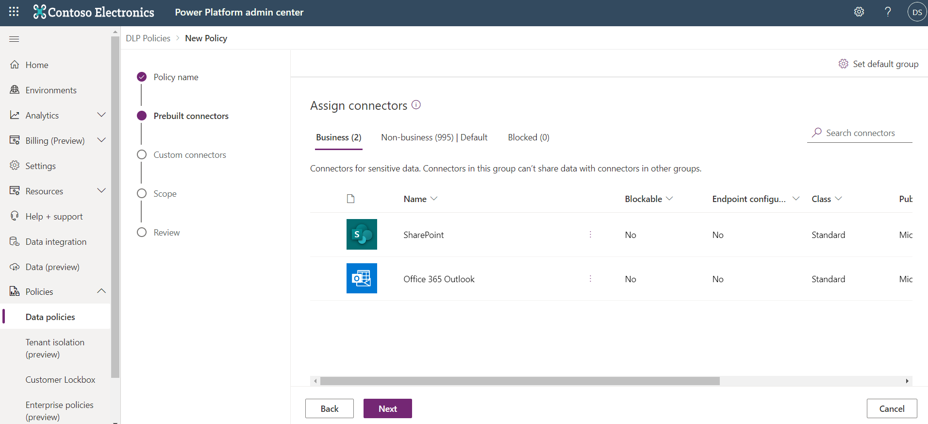 Screenshot of the Power Automate data policies page.