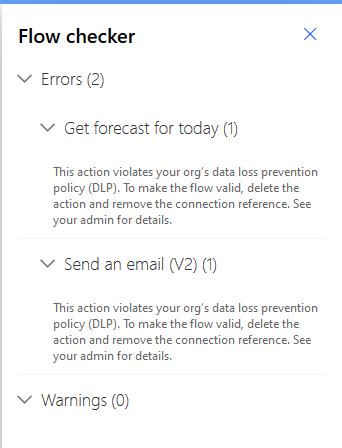 Screenshot of the Flow checker showing two errors and no warnings.