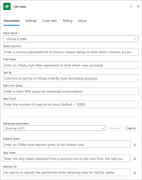 Screenshot showing the List rows action.