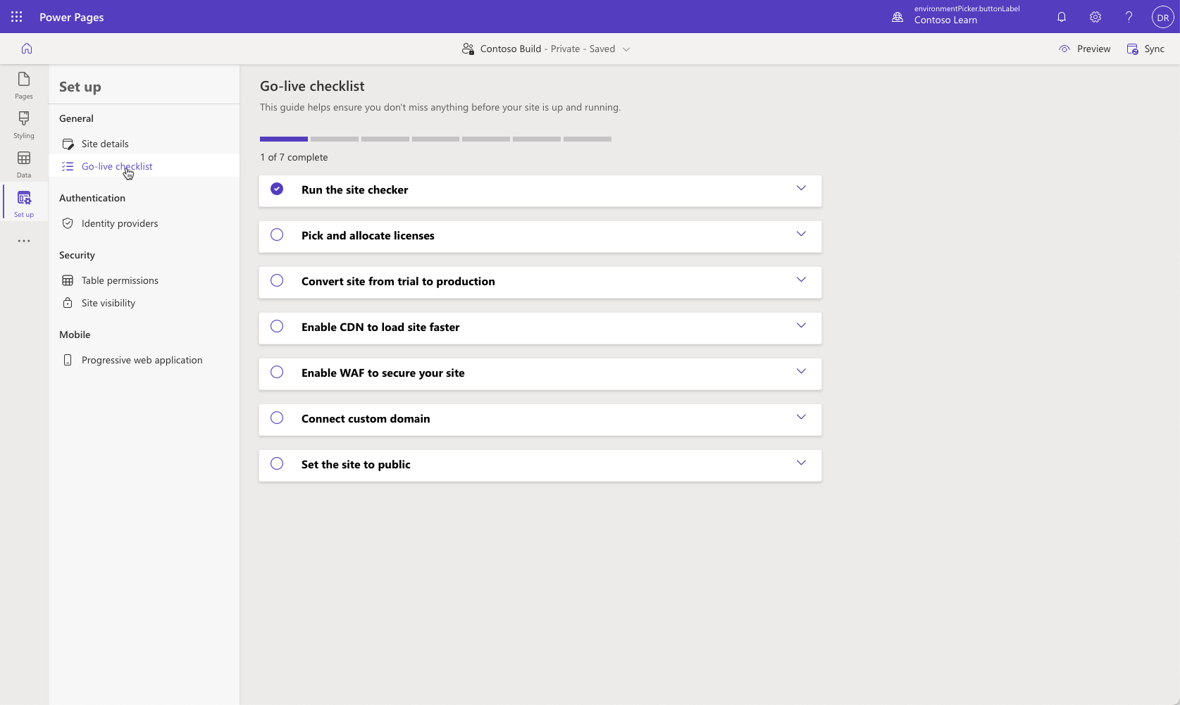 Screenshot of the Set up workspace in Power Pages design studio with the Go-live checklist selected.