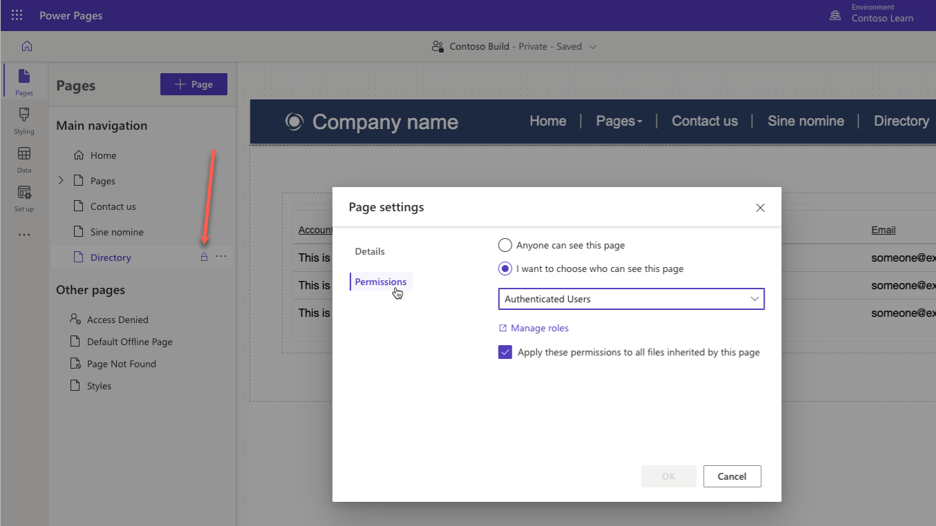 Screenshot of Page settings with Permissions tab selected and page access restricted wit authenticated users.