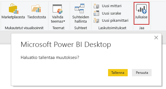 Näyttökuva Desktop Microsoft Power BI Publish -painikkeesta.