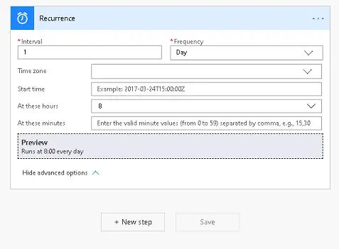 Recurrence settings with Interval set to 1 and Frequency set to Day. Preview runs at 8:00 every day.