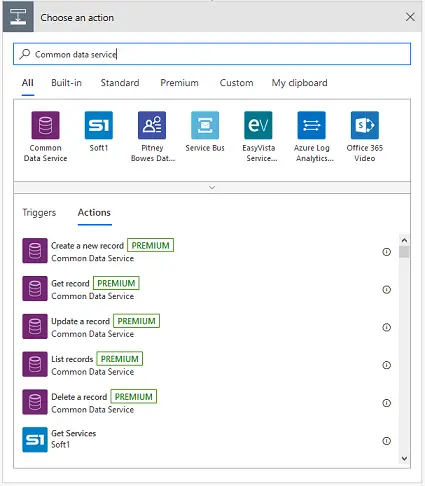 Search results for Dataverse show Create a new record, Get record, Update a record, List records, and Delete a record.