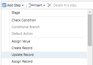 The Add Step menu has Update Record selected.