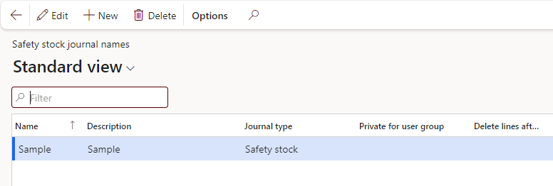 Screenshot of the  Safety stock journal names page.