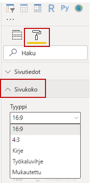 Kuva Sivun koko -asetuksista Visualisoinnit-ruudussa.
