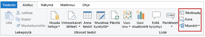 Aloitusvälilehden Tekstiruutu-, Kuva- ja Muodot-painikkeiden näyttökuva.