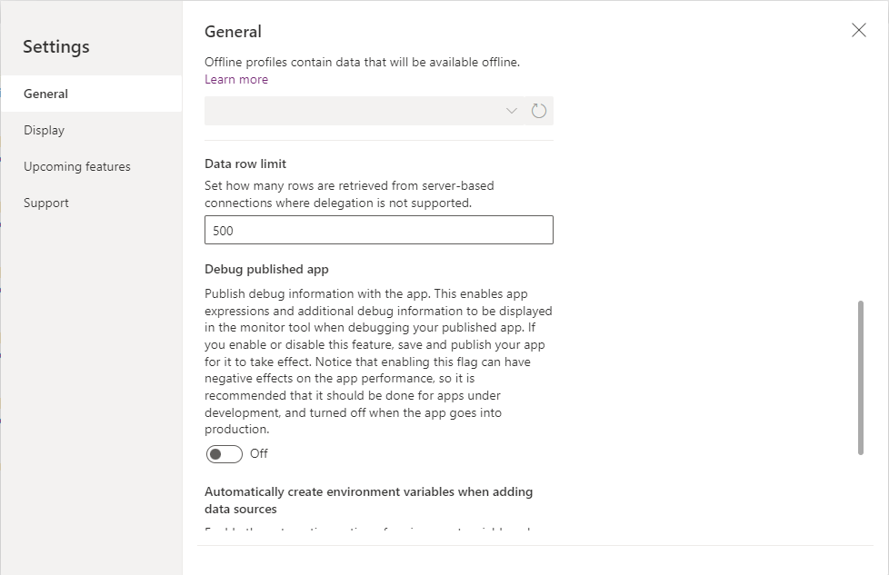 Screenshot of the Power Apps Settings Advanced Settings with data row limit set.