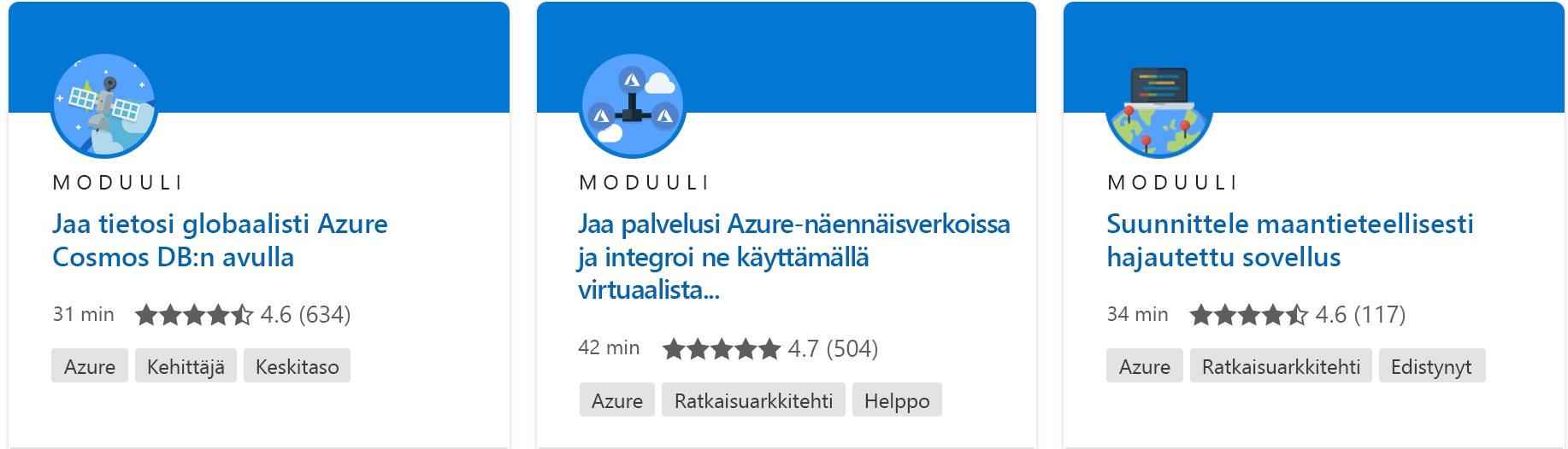 Näyttökuva, jossa näkyy yksi moduuli ja kaikki Microsoft Learn -sivuston tiedot