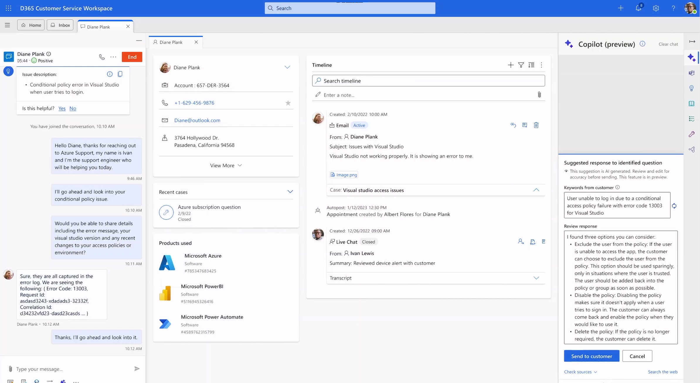 Screenshot of Copilot for Dynamics 365 Customer Service.