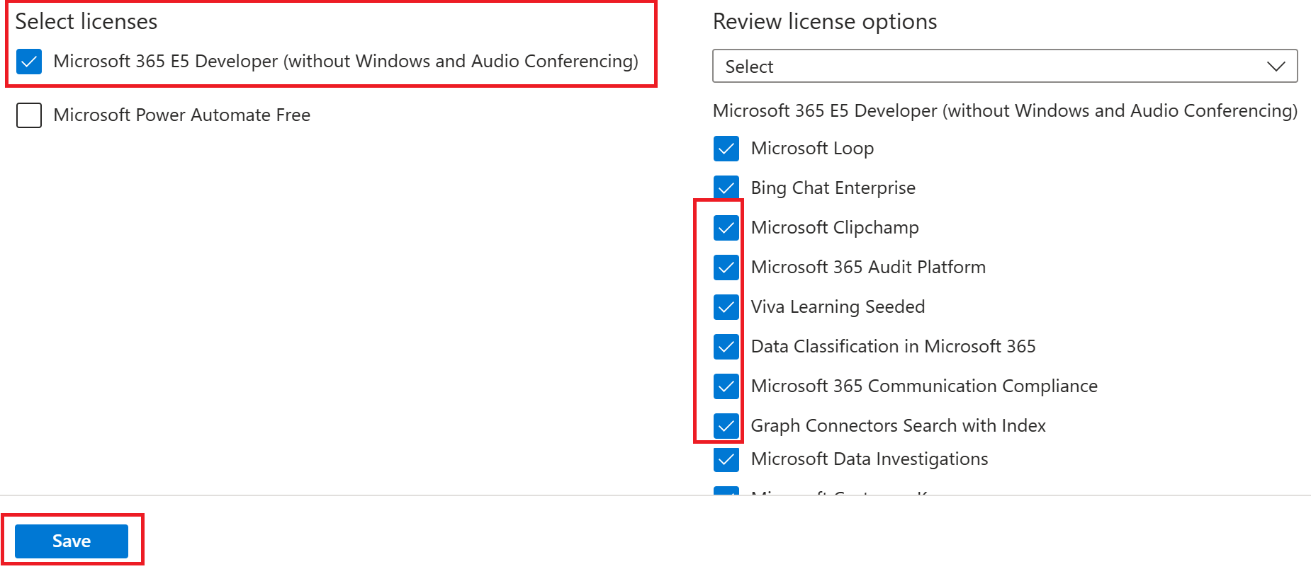 Screenshot of the Update license assignments page and the available licenses highlighted.