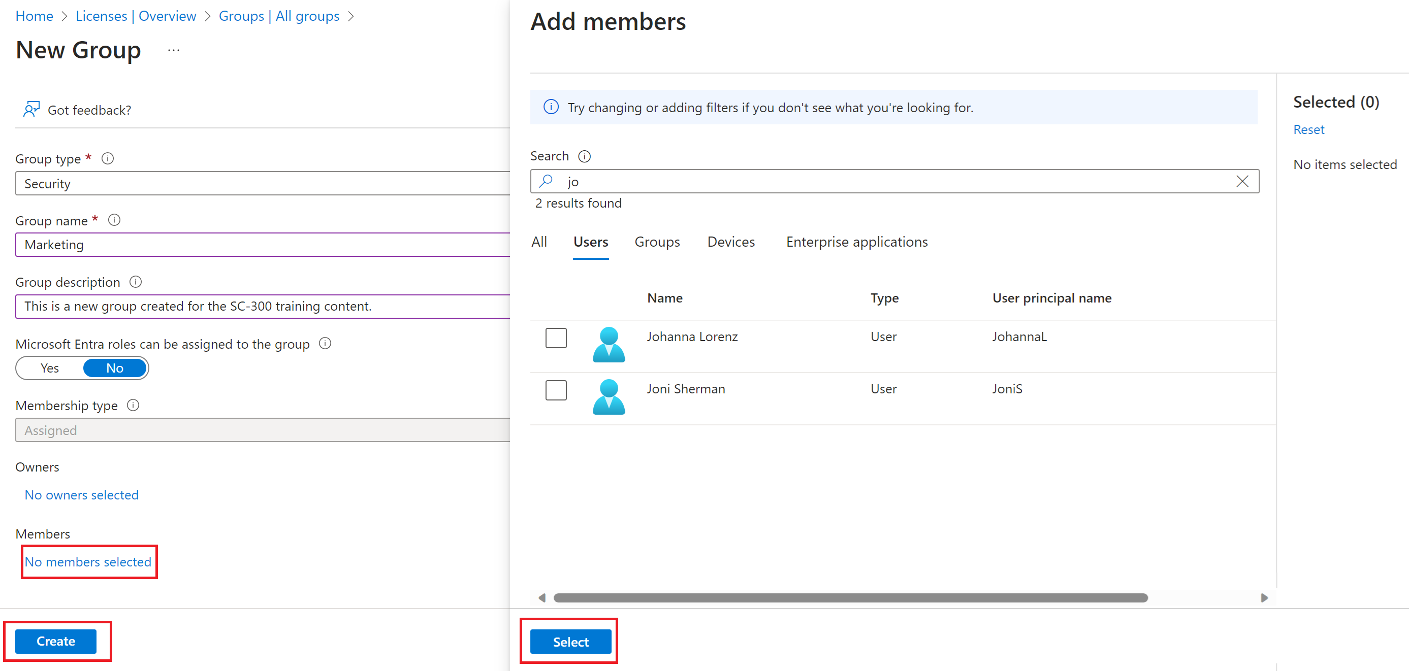 Screenshot of the new group creation page in Microsoft Entra ID. Create new groups and add members.